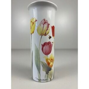 Marjolein Bastin Ceramic Cylinder Vase White Floral Tulips Bee Butterfly 8.25in